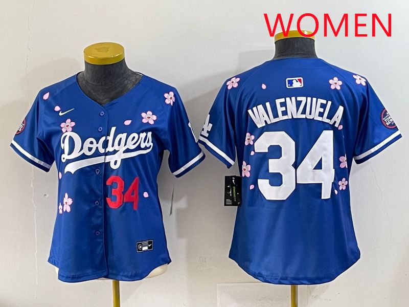 Women Los Angeles Dodgers #34 Valenzuela Blue Sakura Edition 2025 Nike MLB Jersey style 34->new york yankees->MLB Jersey